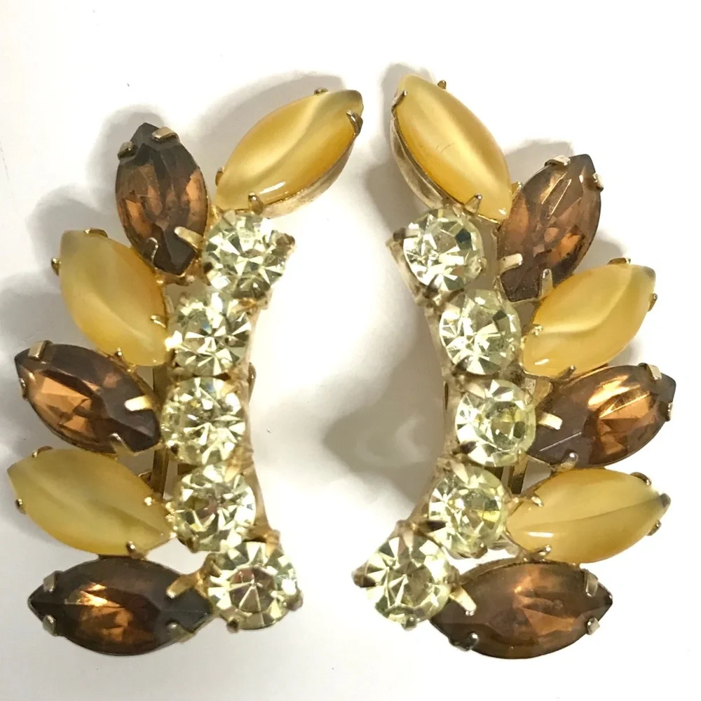 Vintage Rhinestone Earrings Ear Climbers Clip Gold